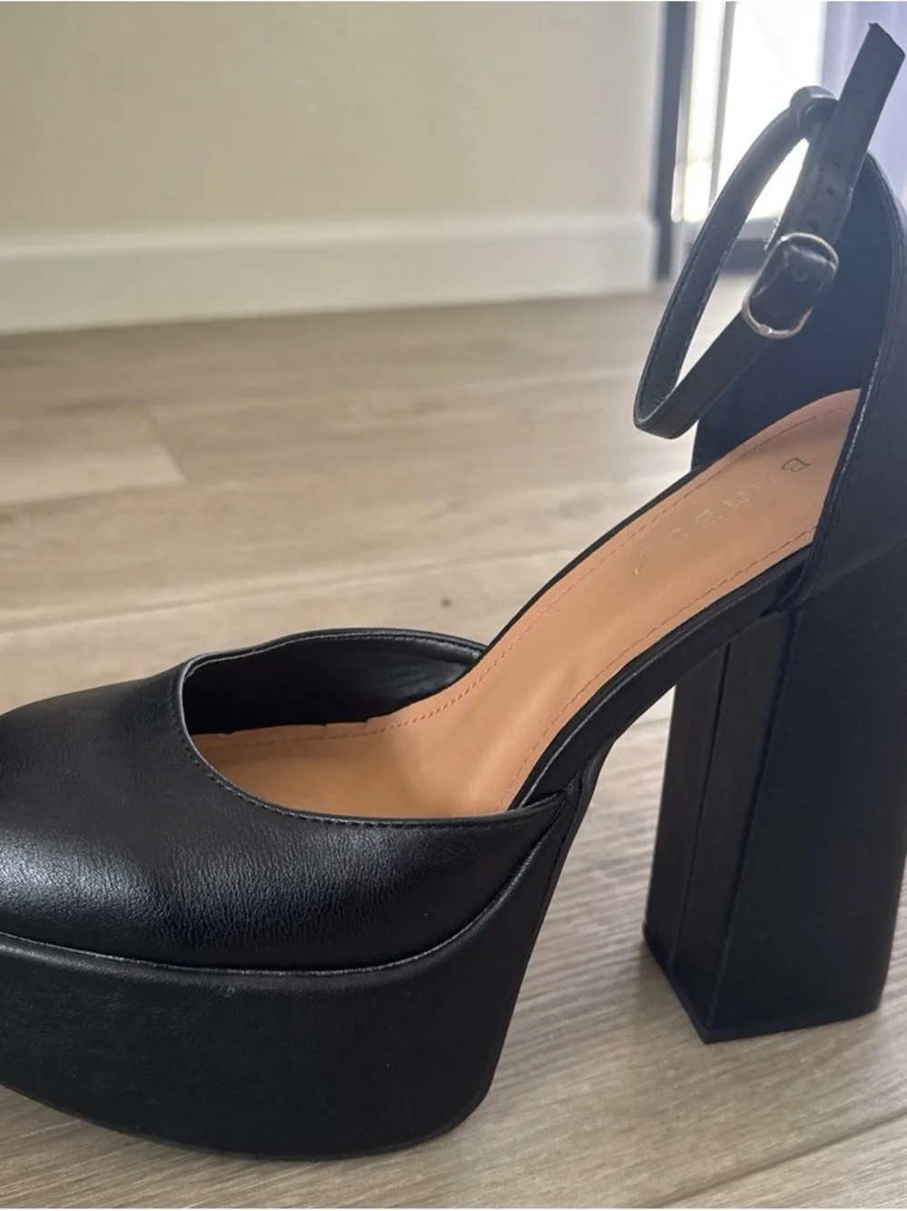 BAMBOO Black Platform Block Heel Ankle Strap Pumps